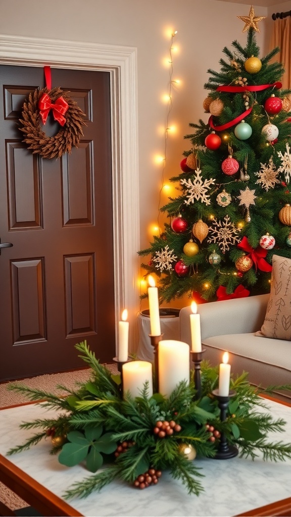 Cozy living room decorated for Christmas with DIY decorations including a pinecone wreath, colorful ornaments, and a candle centerpiece.